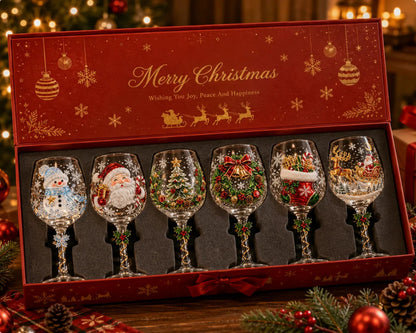 6-Piece Christmas Wine Glass Set – Festive 3D Holiday Glasses Gift Box