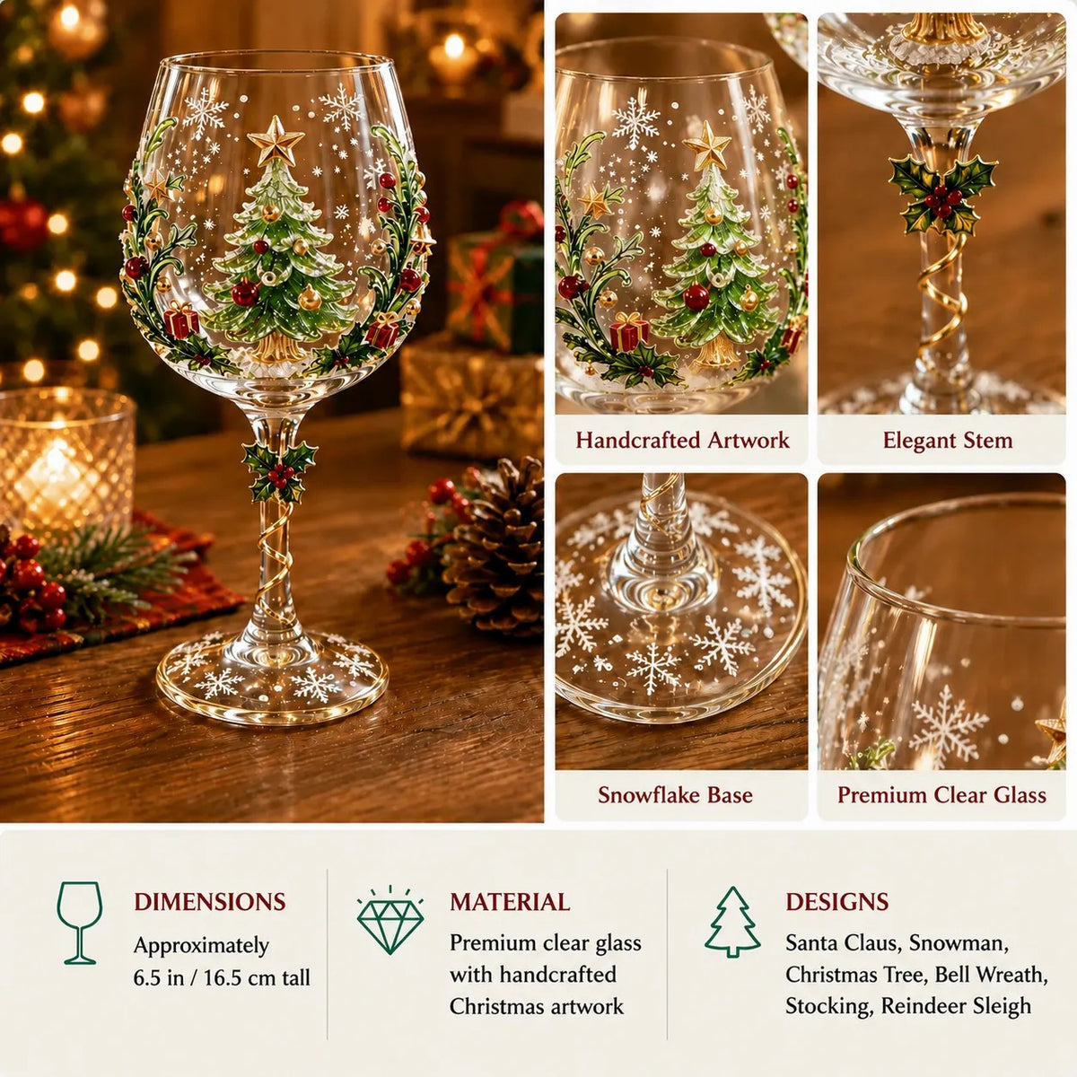 6-Piece Christmas Wine Glass Set – Festive 3D Holiday Glasses Gift Box