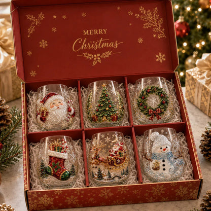 6-Piece Christmas Wine Glass Set – Festive 3D Holiday Glasses Gift Box