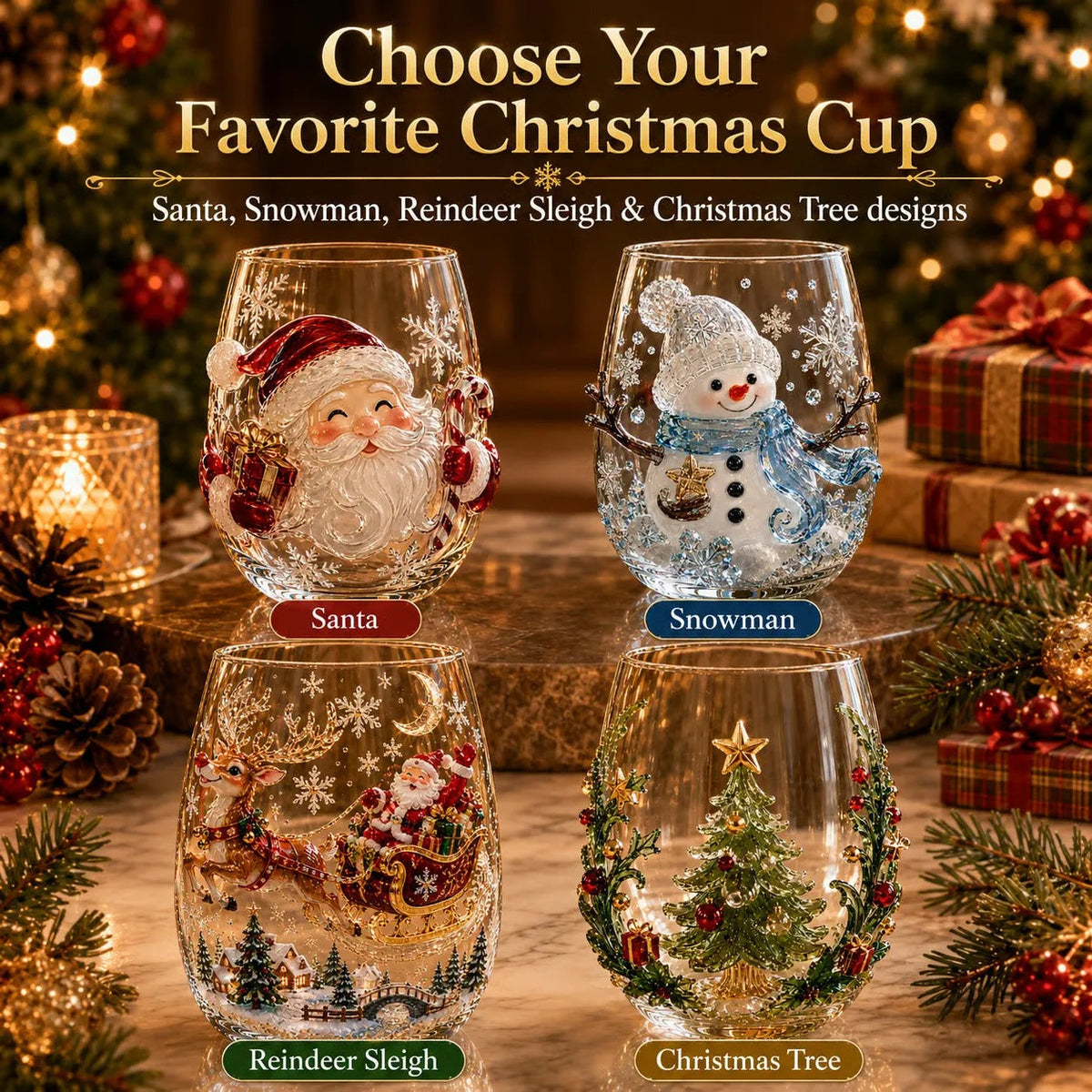 6-Piece Christmas Wine Glass Set – Festive 3D Holiday Glasses Gift Box