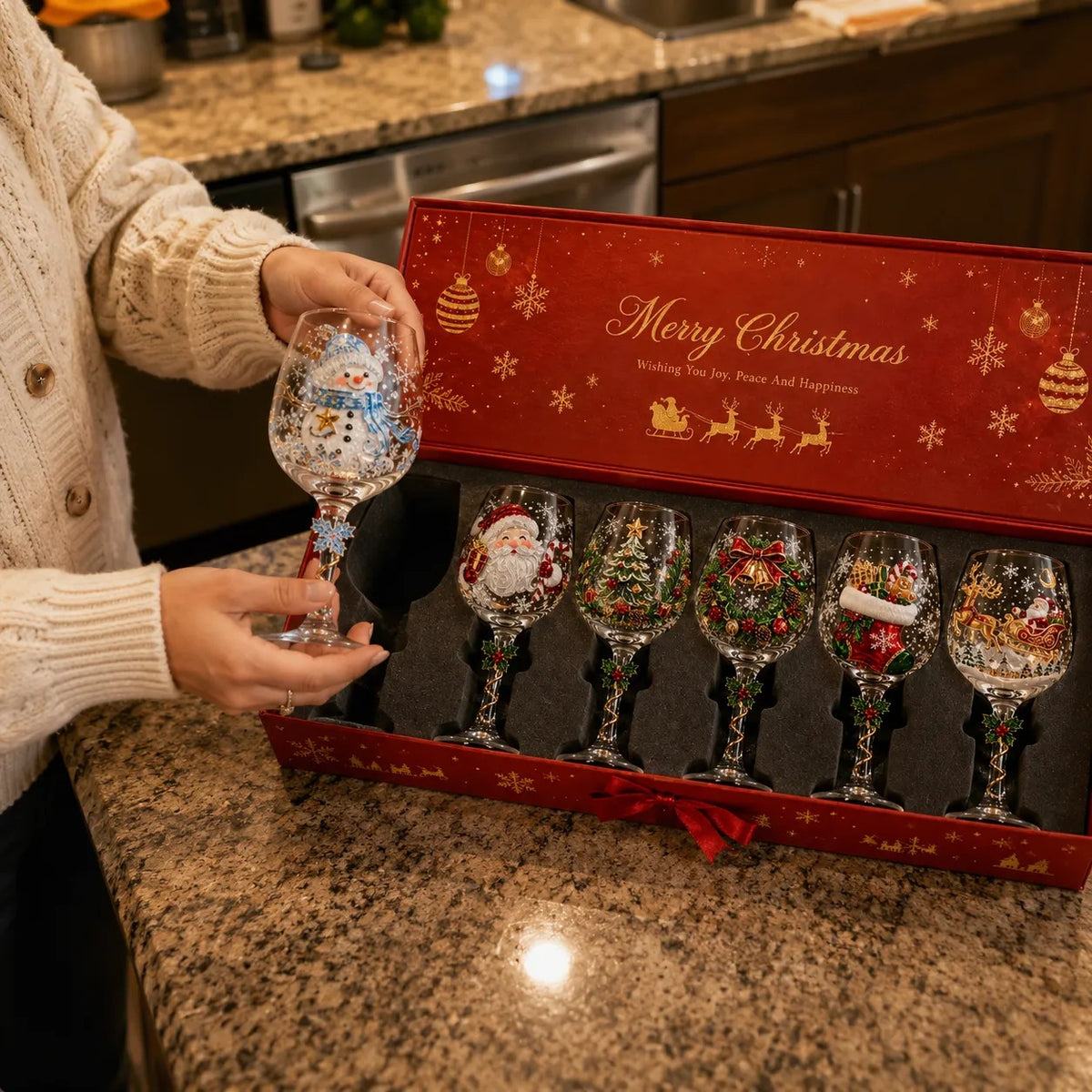 6-Piece Christmas Wine Glass Set – Festive 3D Holiday Glasses Gift Box
